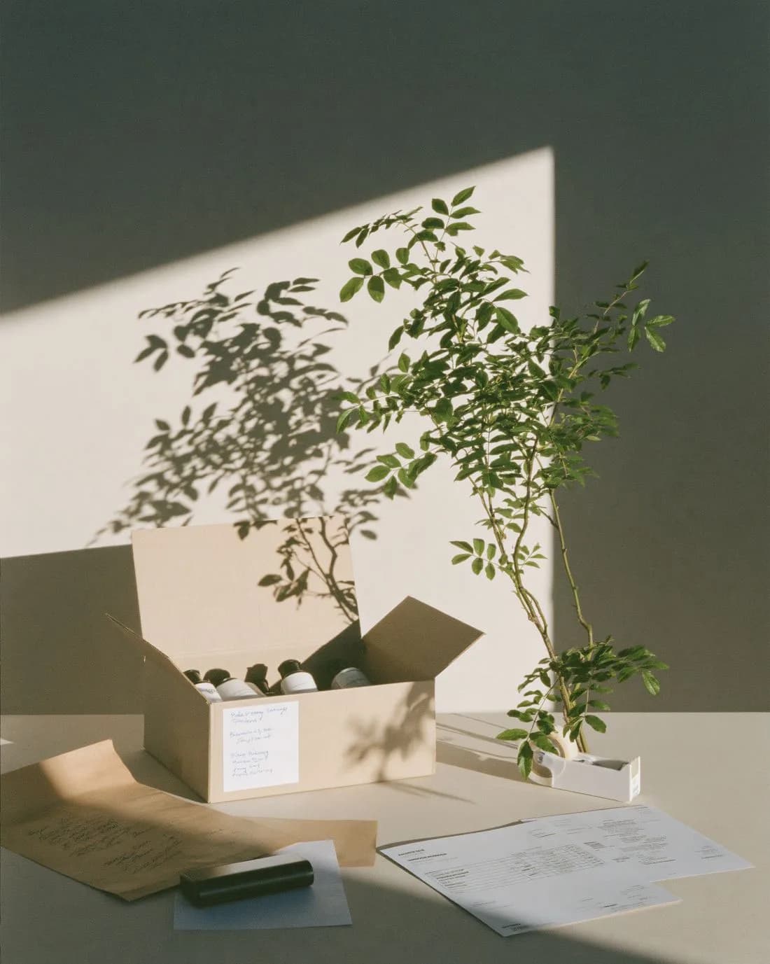 An open box of product beside an invoice on a sunlit desk