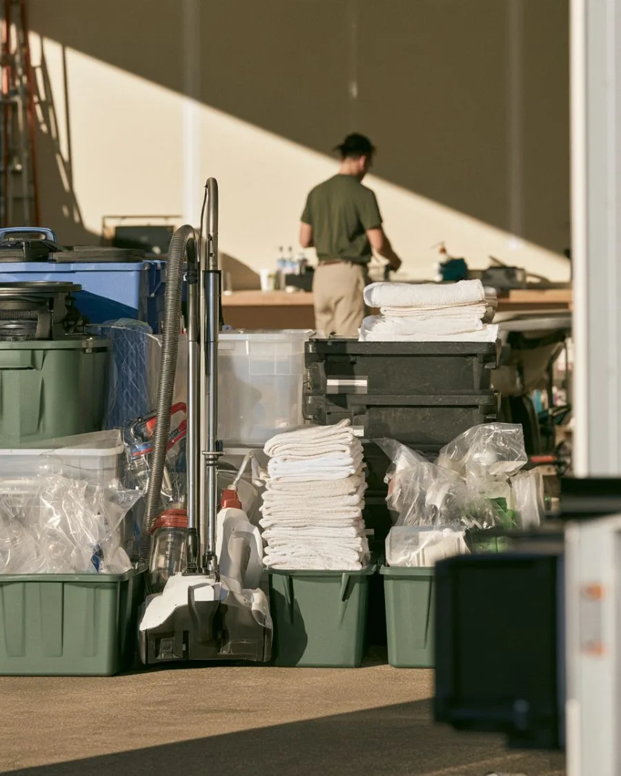 Cleaning equipment and supply bins loaded for a job