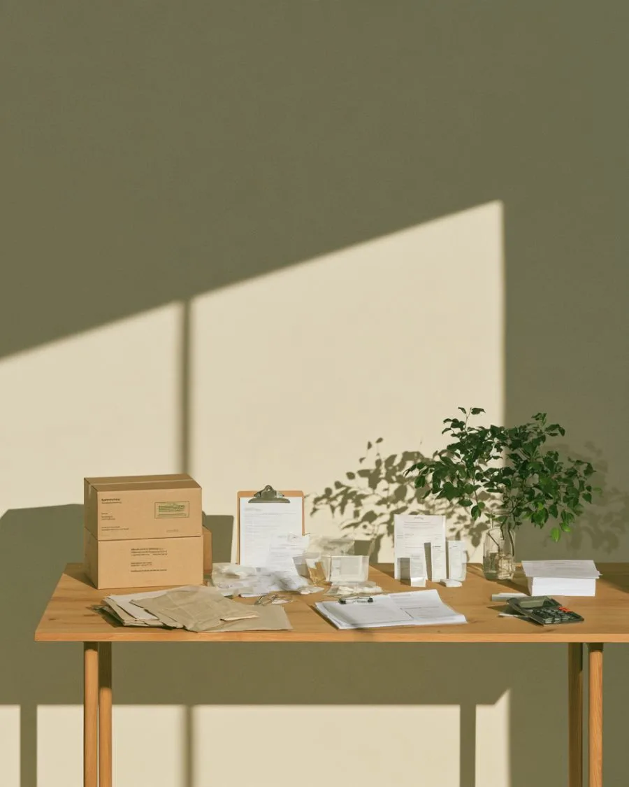 A work table with boxes, paperwork and a calculator
