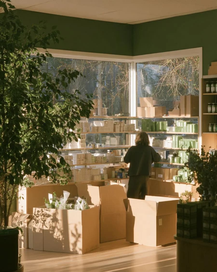 A shop owner restocking shelves beside boxes of product