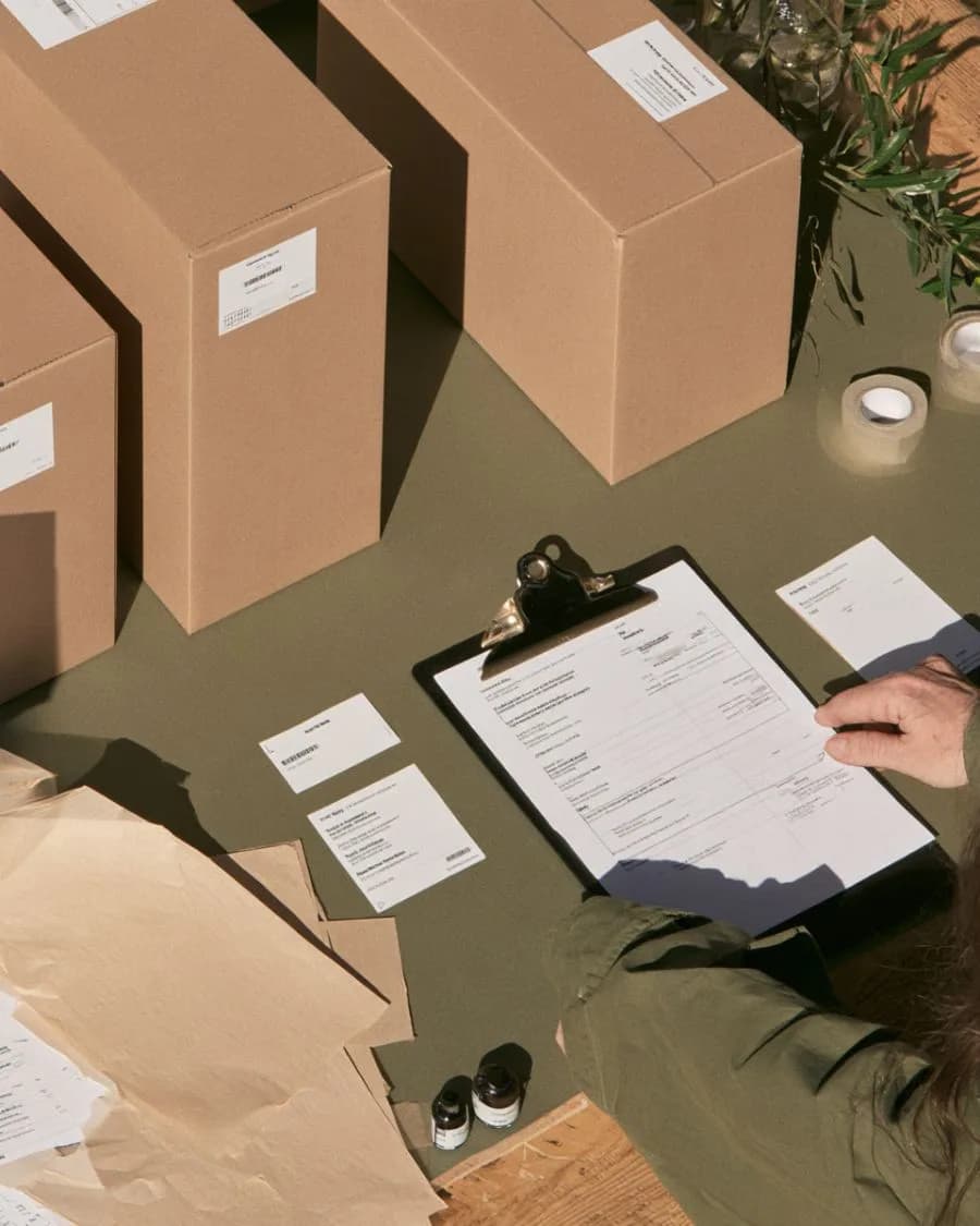 An invoice on a clipboard beside packed boxes