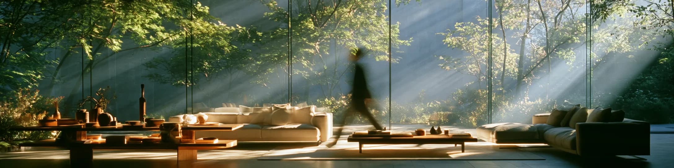 sunlit room with glass walls opening onto trees