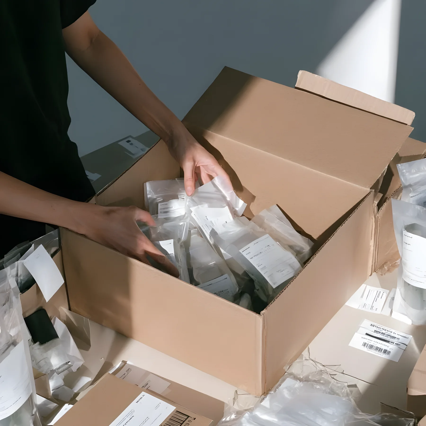 hands packing product into a shipping carton