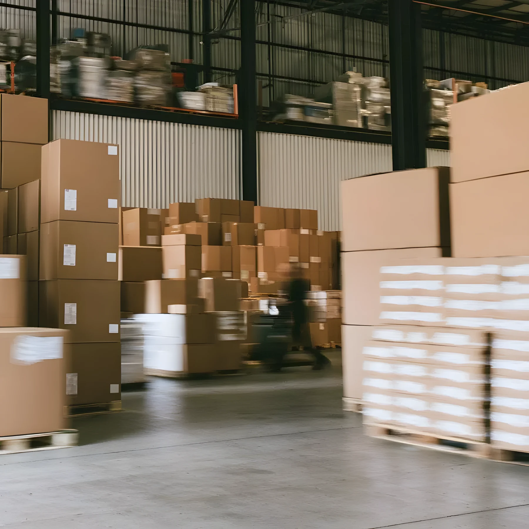 pallets of cartons in a busy warehouse