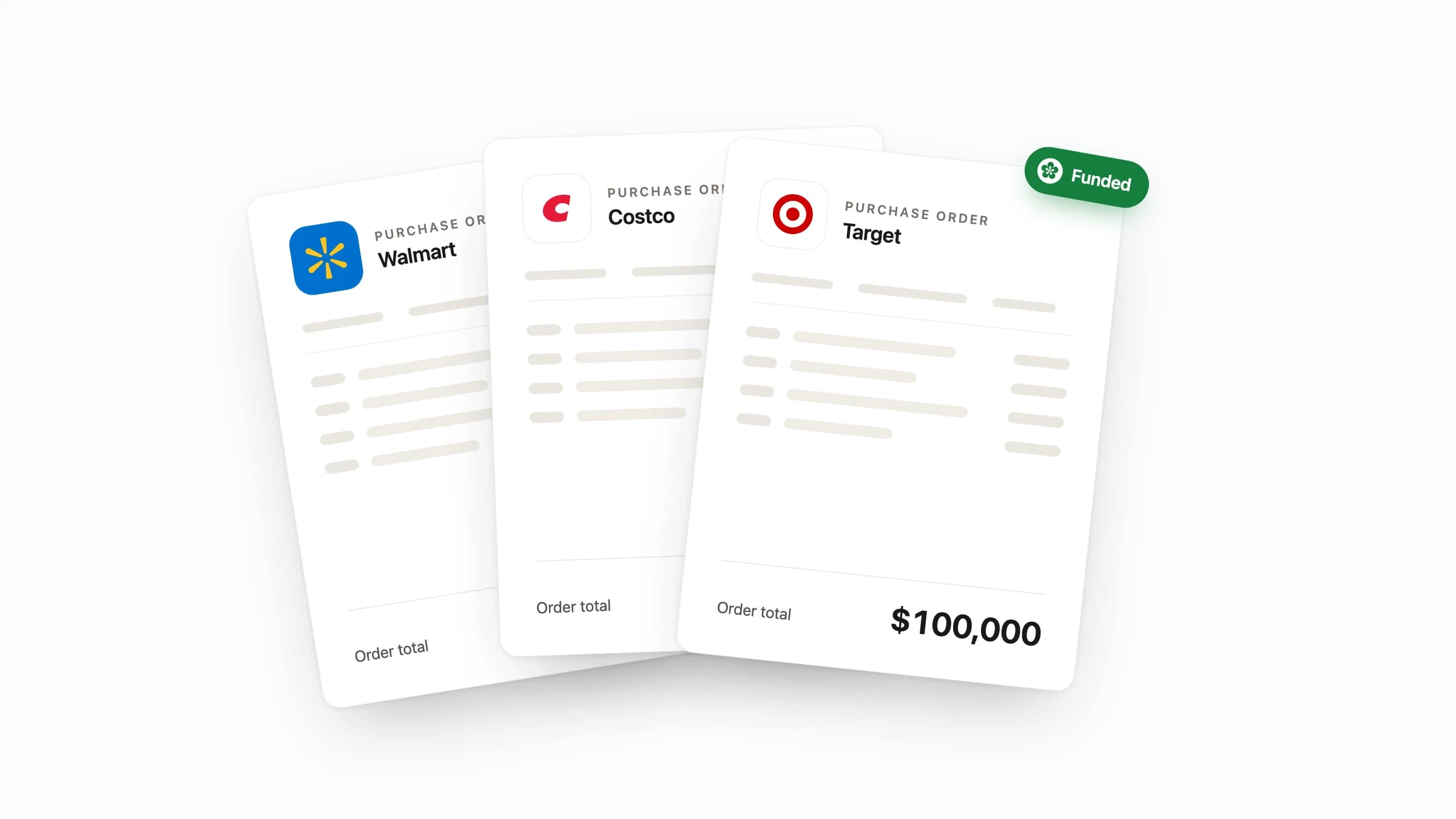 Three purchase orders fanned out, from Walmart, Costco and Target. The Target order for $100,000 is in front, marked Funded by Spring.