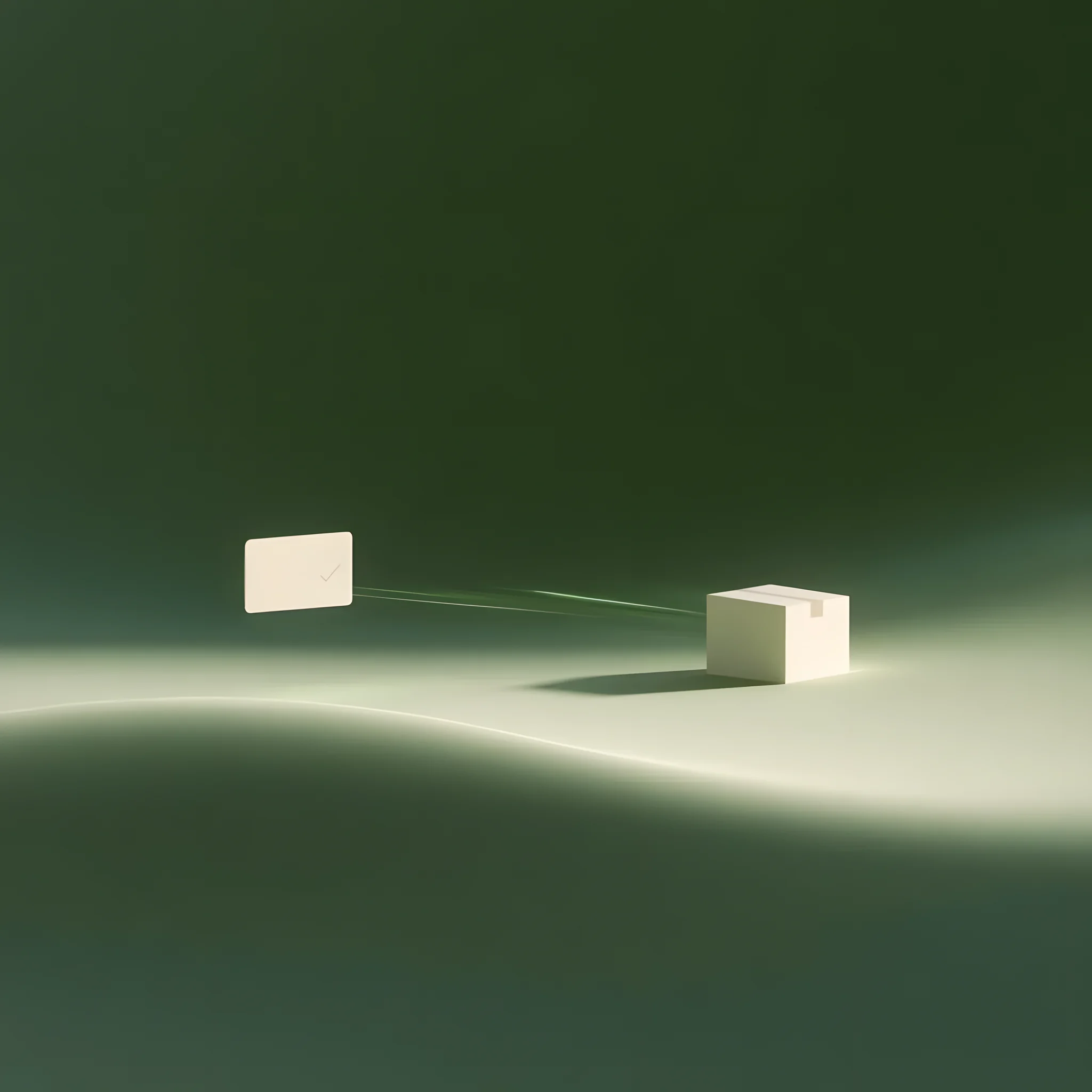 a card and a parcel joined by a thin line of light