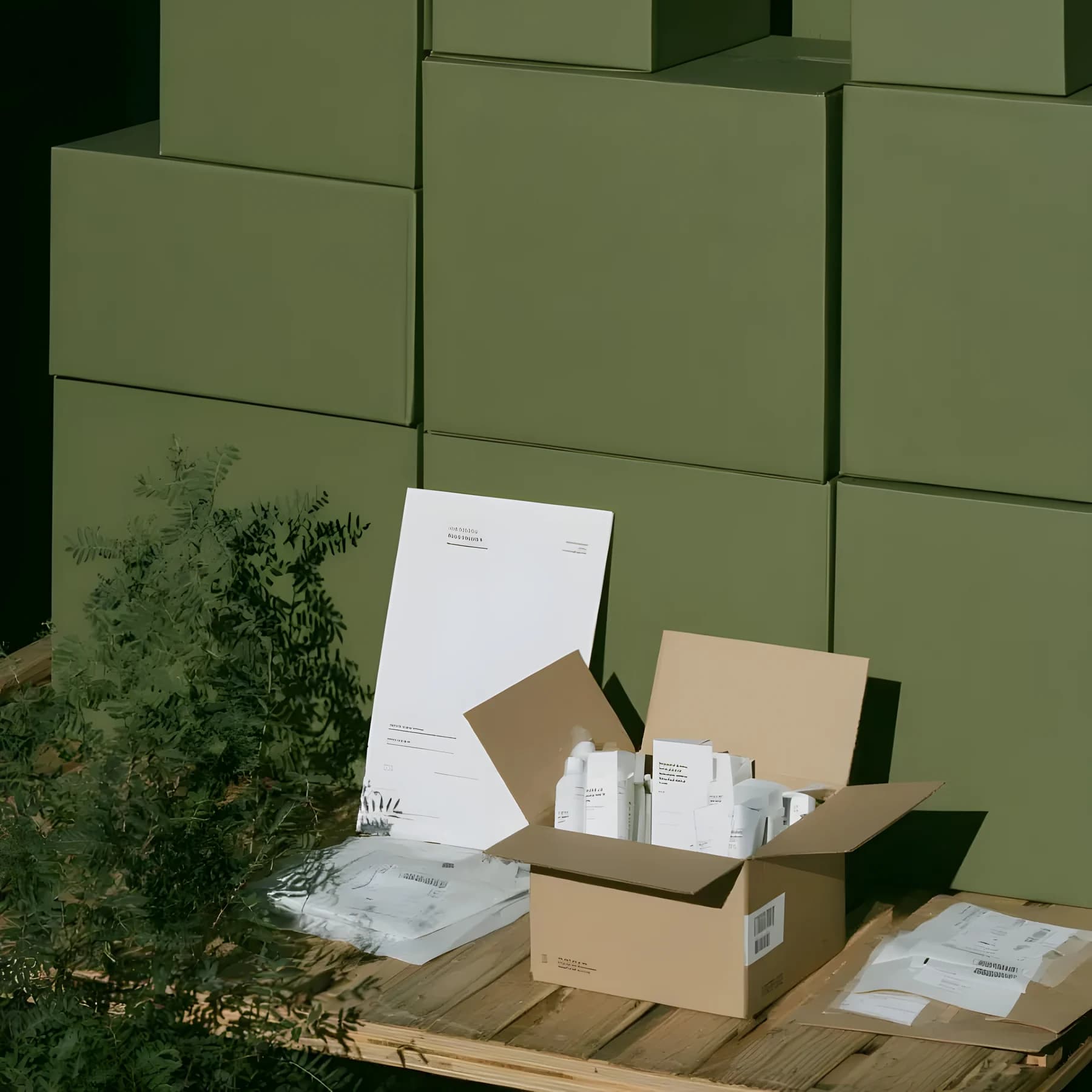 a packed order in front of stacked green cartons